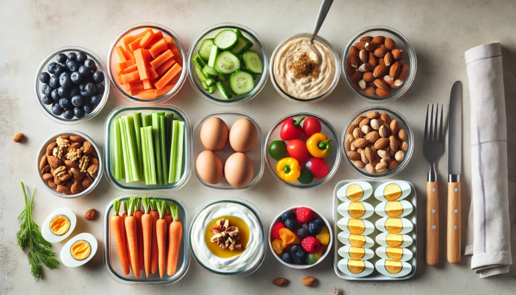 Organized kitchen counter with healthy adult snacks: cut vegetables, hummus, Greek yogurt with fruit, hard-boiled eggs, and a handful of nuts.