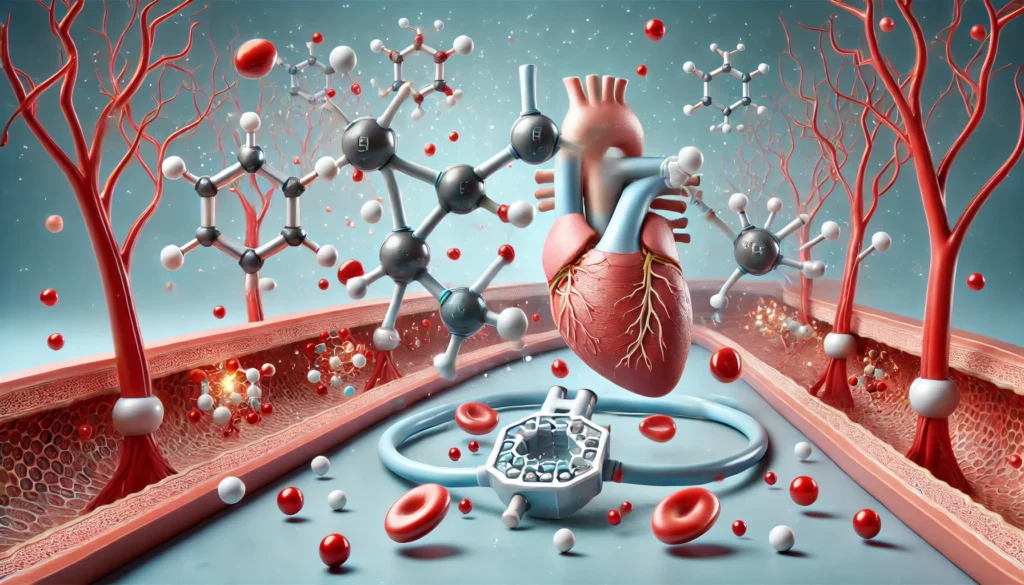 Scientific 3D rendering of blood pressure medication molecules interacting with artery wall receptors, symbolizing the biological mechanism of hypertension treatment