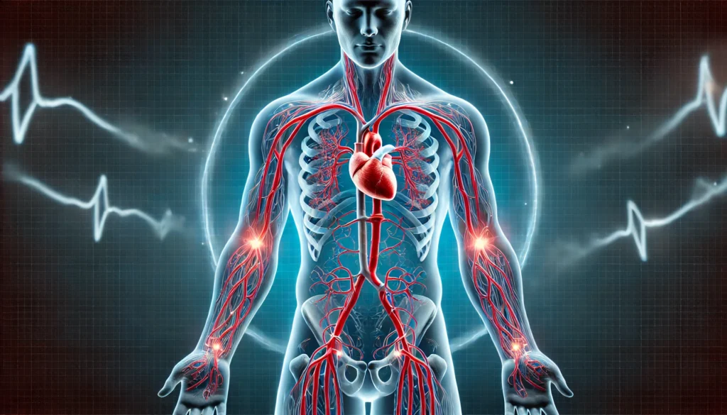 Semi-transparent human figure with a glowing circulatory system, visually demonstrating how blood pressure medicine promotes smoother blood flow through dilated arteries.