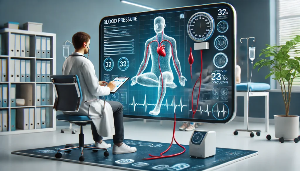 Realistic 3D visualization of a healthcare provider reviewing blood pressure data with a patient, overlaid with improved blood vessel graphics to represent treatment benefits.
