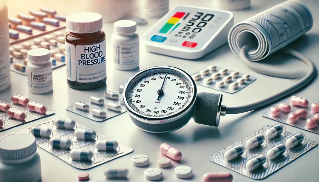 Various types of high blood pressure medications, including pills in blister packs and capsules, arranged on a white clinical table with a blood pressure monitor in the background.