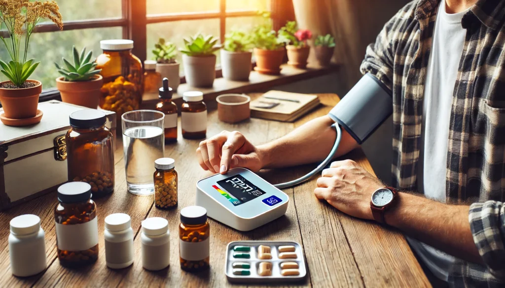 A person checks their blood pressure at home using a digital monitor with prescription bottles, herbal supplements, and a glass of water neatly arranged on a nearby table.