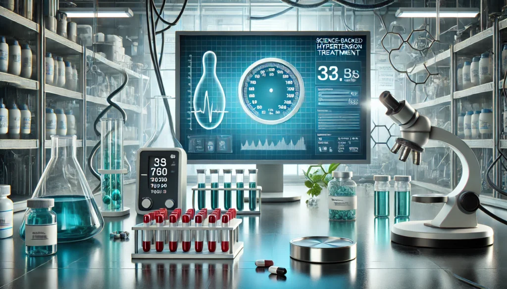 A clean research laboratory setting with blood pressure charts on a monitor, pharmaceutical tools, and capsules displayed in petri dishes, representing science-backed hypertension treatment.