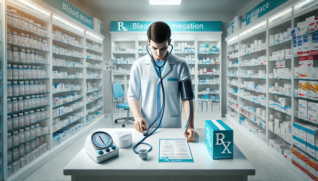 A pharmacist prepares blood pressure medication at a clean pharmacy counter with a sphygmomanometer, patient information leaflet, and shelves filled with prescription bottles in the background.