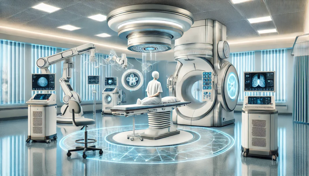 A state-of-the-art oncology treatment room equipped with advanced cancer machines, including a proton therapy unit and robotic surgical system, with medical staff supervising a patient's procedure.