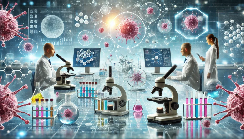 A futuristic cancer research laboratory where scientists analyze cells and develop new drug therapies using microscopes, test tubes, and digital molecular displays in a sterile environment.