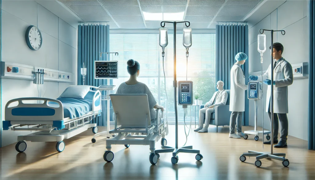 A modern hospital room showing a cancer patient undergoing immunotherapy treatment via IV infusion, with healthcare providers monitoring the session in a calm, well-lit setting.