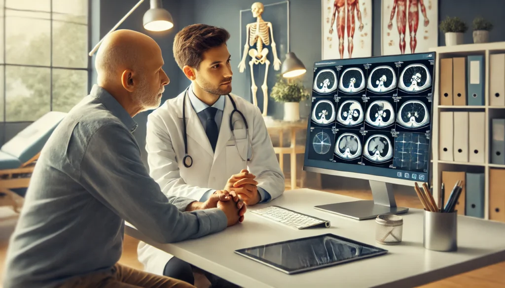 A compassionate consultation between a cancer patient and an oncologist in a modern medical office, reviewing digital scan results and discussing personalized treatment options.