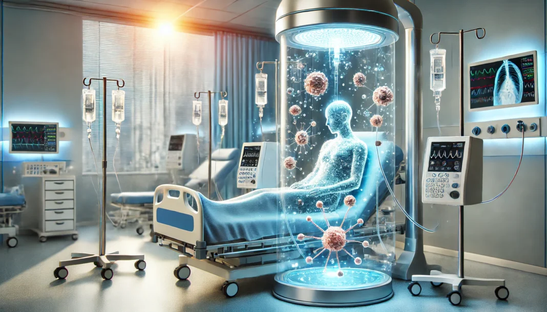 Modern hospital room with a patient receiving immunotherapy for stage 4 breast cancer, surrounded by medical monitors and infusion devices, symbolizing immune system activation against cancer.