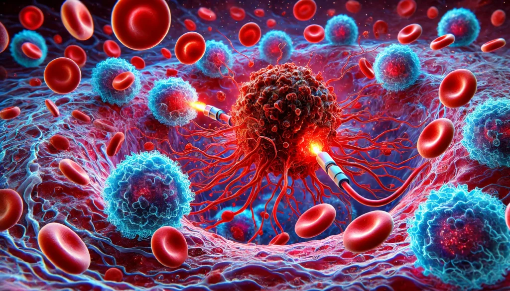 3D visualization of immune cells attacking metastatic breast cancer cells inside the bloodstream, representing the action of advanced immunotherapy at the cellular level.