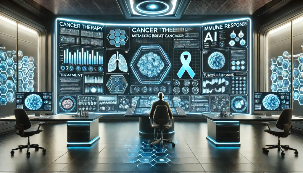 Futuristic control room with doctors monitoring metastatic breast cancer treatment using AI dashboards and real-time analytics on transparent digital displays.
