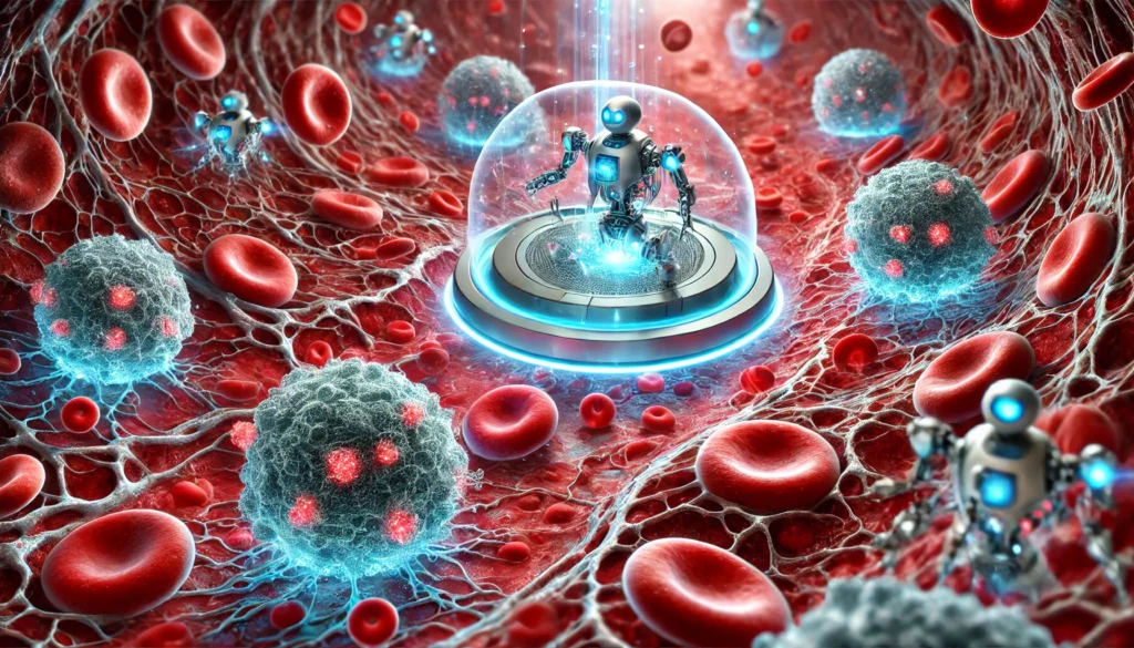 Artistic 3D rendering of nanobots delivering targeted therapy to metastatic breast cancer cells inside the bloodstream, representing the future of nanotechnology in oncology.