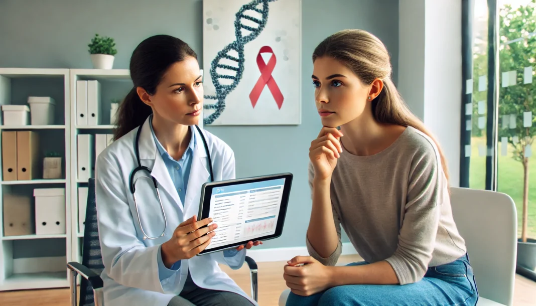 A female doctor shows a concerned patient genetic test results on a tablet in a modern consultation room, with DNA artwork in the background and subtle breast cancer awareness elements.