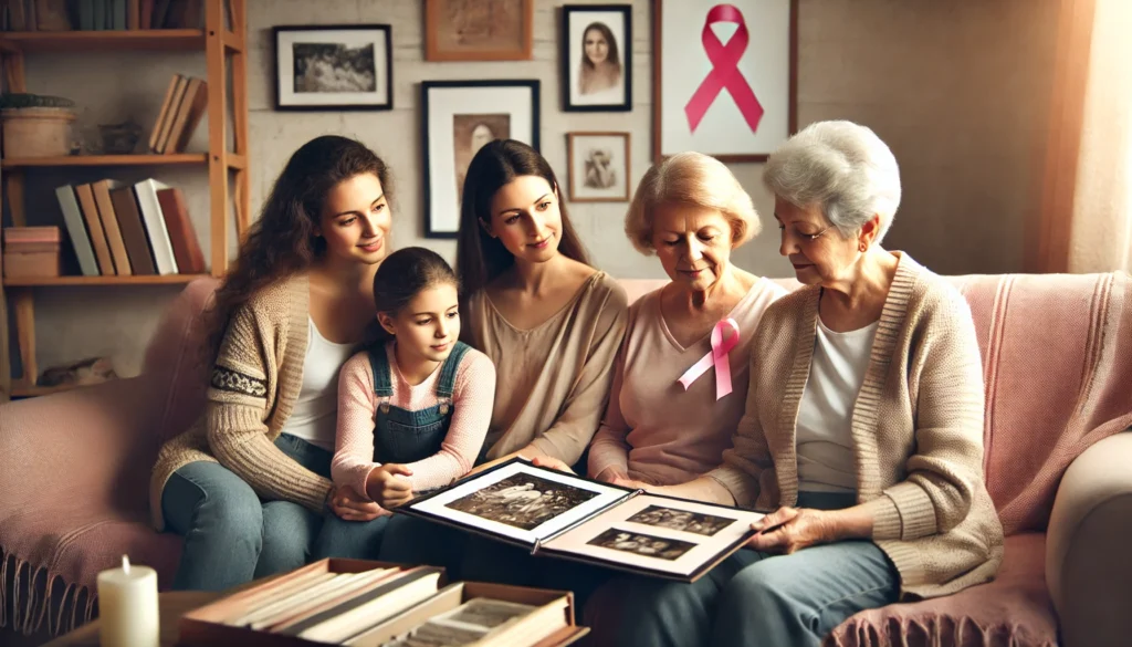 A multigenerational family of women—young adult, middle-aged, and elderly—sitting together on a sofa at home, looking at a photo album in a warm setting that hints at shared family health history.