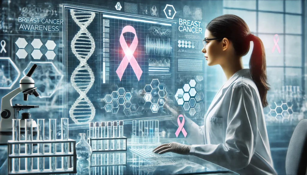A female scientist in a futuristic laboratory examines a transparent digital screen displaying a DNA sequence, surrounded by clinical equipment and subtle breast cancer awareness decor.