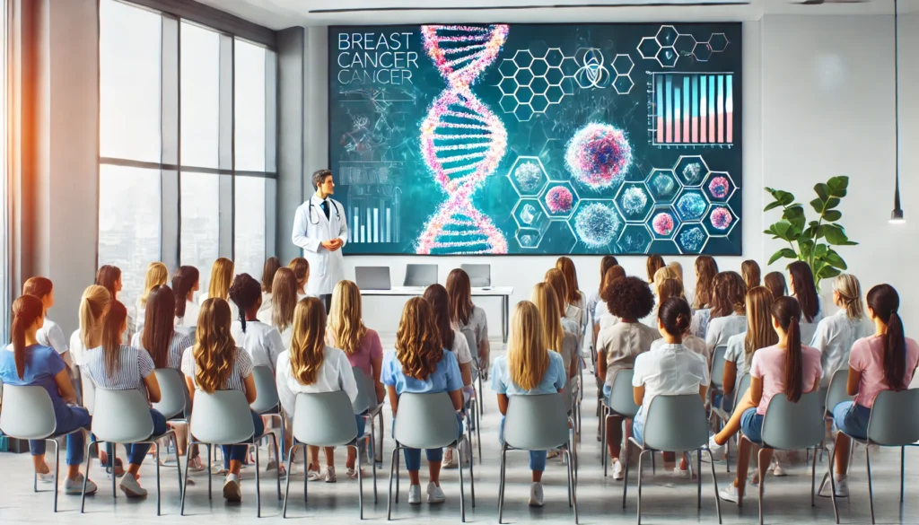 A diverse group of women attentively listening to a healthcare expert at a clinic seminar, with a screen in the background showing DNA graphics and visual elements related to breast cancer risk.