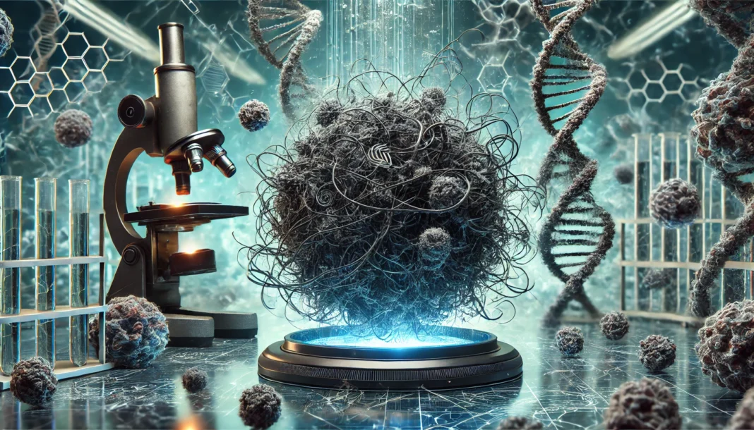 A complex microscopic view of cancer cells entangled with unraveled DNA strands, symbolizing the intricate biological mechanisms that make cancer difficult to treat.