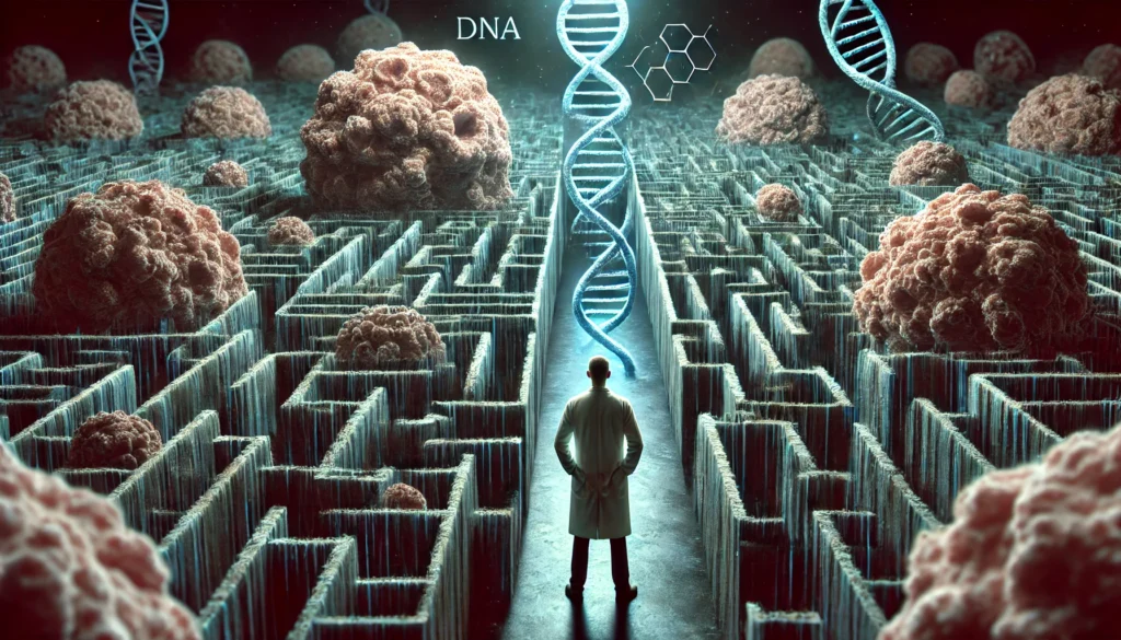 A scientist stands in a labyrinth made of human cells and blocked by large cancerous tumors, visually representing the complexity and obstacles in navigating cancer treatment.