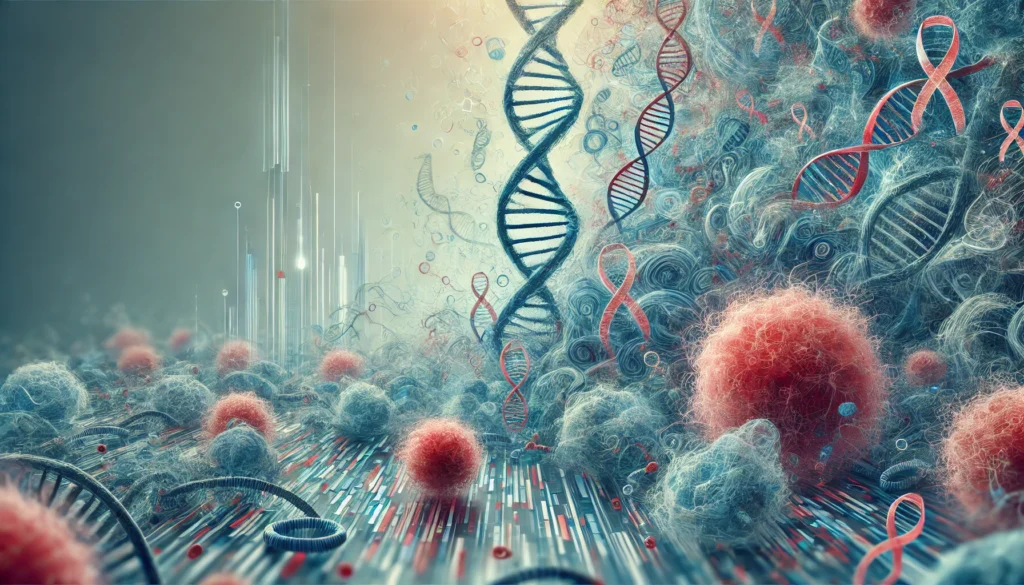 An abstract scientific visualization of genetic complexity in cancer, showing intertwined DNA strands, chromosomes, and mutating tumor cells in contrasting blue and red tones.