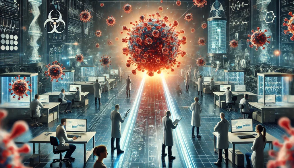 Doctors and researchers confronting a multi-headed, shape-shifting cancer organism made of glowing cells, symbolizing the evolving and multifaceted nature of cancer challenges.
