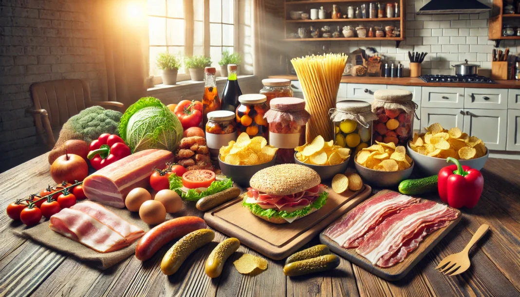 Assorted high-sodium foods on a kitchen counter including bacon, sausages, deli meats, potato chips, and pickles, visually illustrating foods to avoid for high blood pressure.