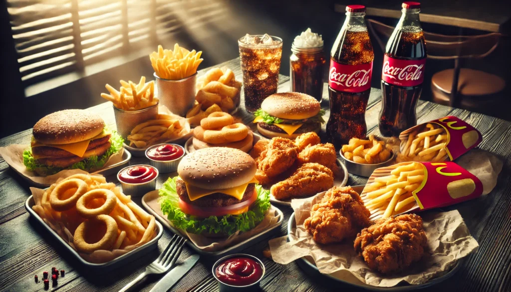 Fast-food spread featuring burgers, french fries, fried chicken, onion rings, and soda, symbolizing unhealthy choices that can raise blood pressure.