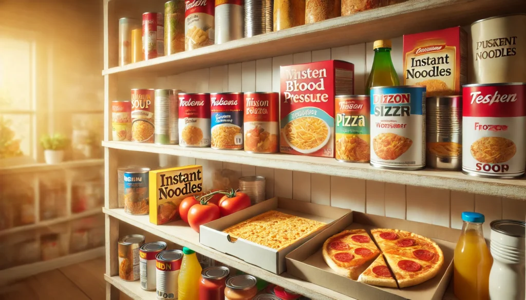 Processed and canned food items such as instant noodles, canned soup, frozen pizza, and boxed meals arranged on a kitchen shelf, depicting hypertension-risk foods.