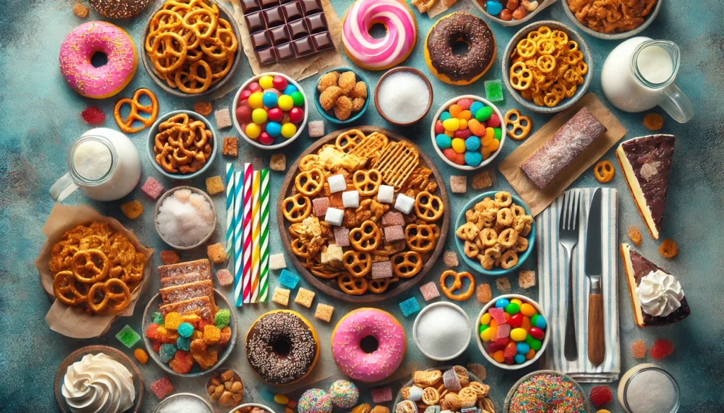 Top-down view of a table filled with salty snacks and sugary desserts like pretzels, donuts, candy, and pastries, representing foods that negatively impact blood pressure.