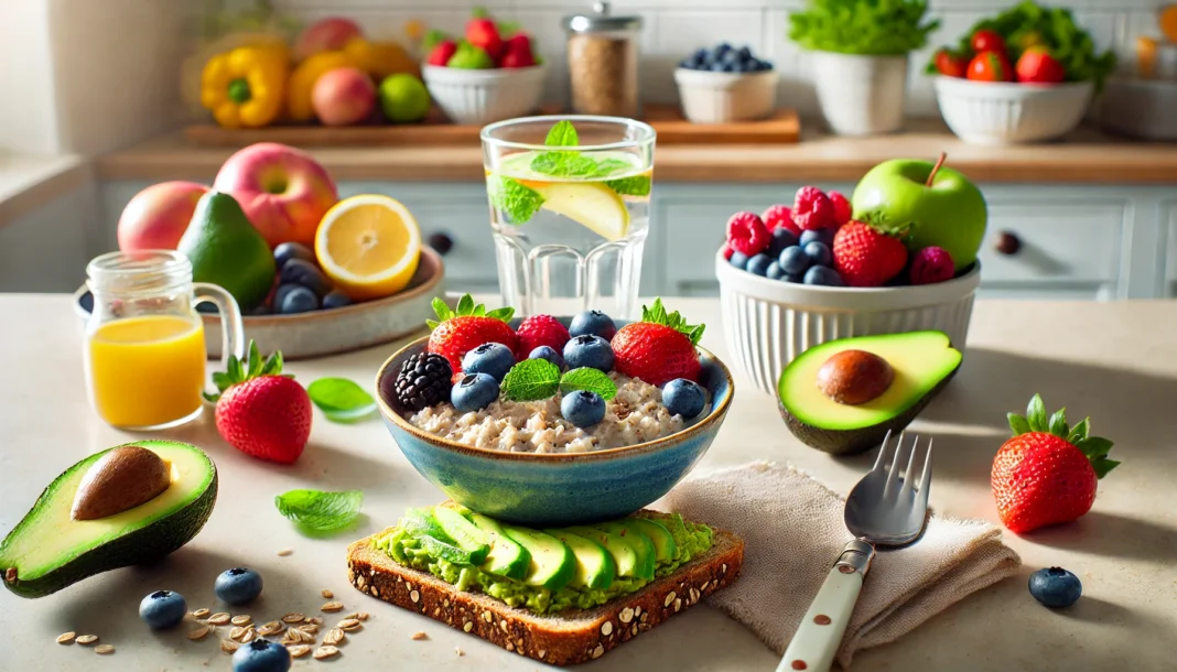 A heart-healthy breakfast with oatmeal topped with berries, avocado toast on whole grain bread, and lemon water, set on a sunlit kitchen table with fresh fruits and vegetables in the background.