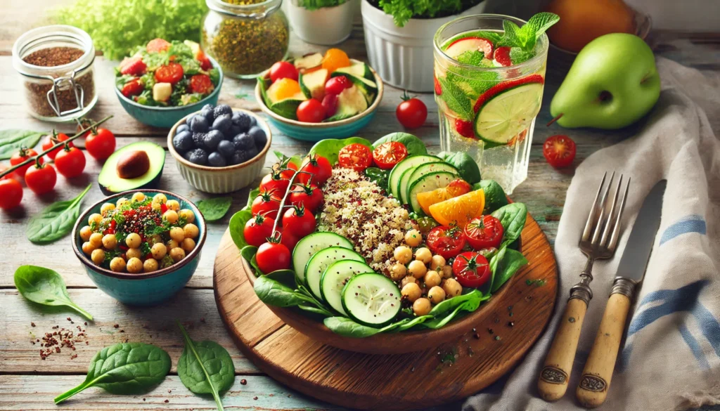 A low sodium heart-healthy lunch featuring quinoa salad with vegetables, a fresh fruit bowl, and berry-mint infused water on a rustic wooden table in bright daylight.