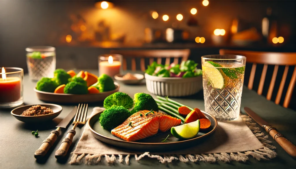 A nourishing heart-healthy dinner of grilled salmon, steamed broccoli, sweet potatoes, and mixed greens served with lime sparkling water in a cozy evening setting.