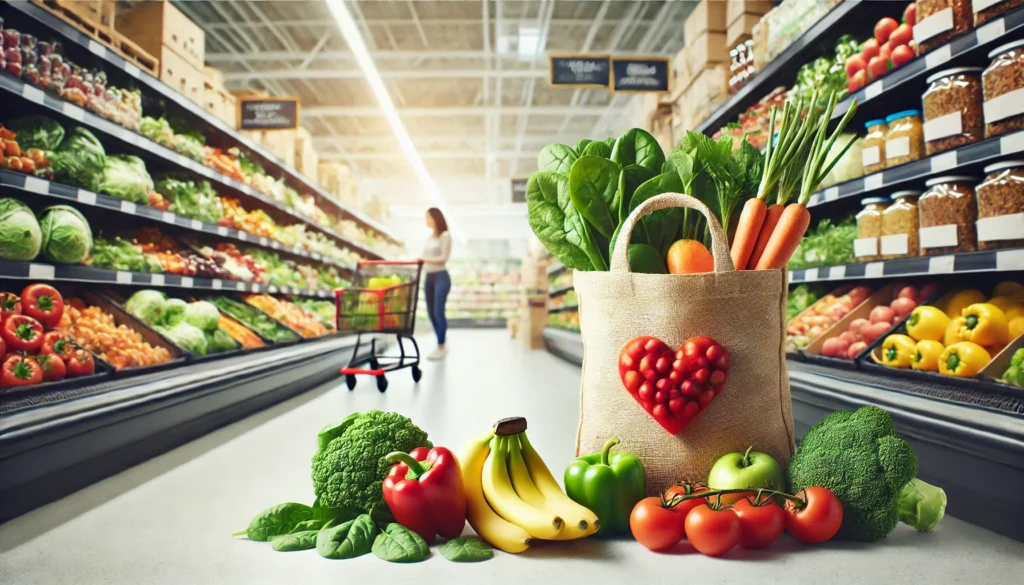 A reusable shopping bag filled with fresh produce like tomatoes, spinach, carrots, and bell peppers in a bright grocery store produce aisle, representing heart-healthy, low sodium food choices.