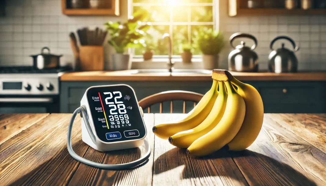 Close-up of ripe bananas on a wooden kitchen table beside a blood pressure monitor with natural daylight filtering through the window, suggesting a relationship between diet and hypertension.