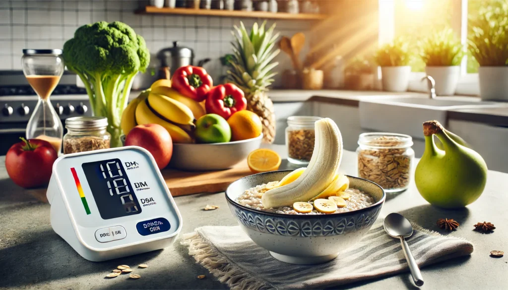 Healthy breakfast scene featuring sliced bananas in oatmeal, surrounded by fresh produce and a blood pressure monitor, illuminated by soft morning sunlight.