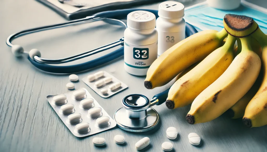 Still life on a doctor’s desk featuring bananas next to prescription bottles and a stethoscope, representing the intersection of medical advice and dietary choices for managing high blood pressure.