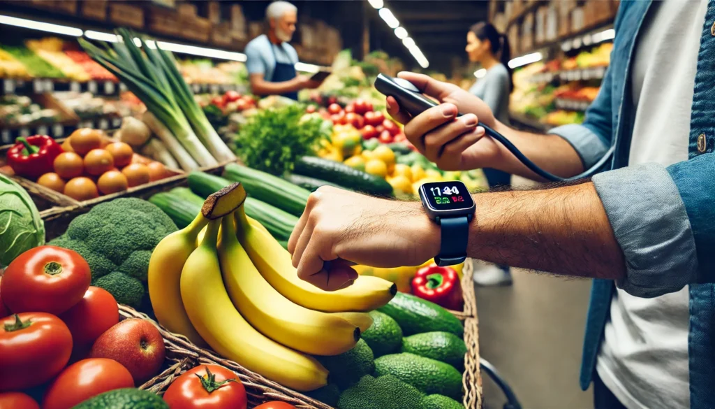 Fresh produce market scene with bananas prominently displayed among colorful fruits and vegetables, while a shopper wearing a smartwatch checks their blood pressure, illustrating the link between healthy food choices and hypertension monitoring.