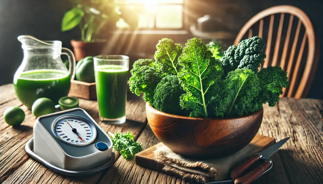 Fresh kale leaves in a wooden bowl on a rustic kitchen counter with natural sunlight and a blood pressure monitor in the background, symbolizing the connection between diet and heart health.