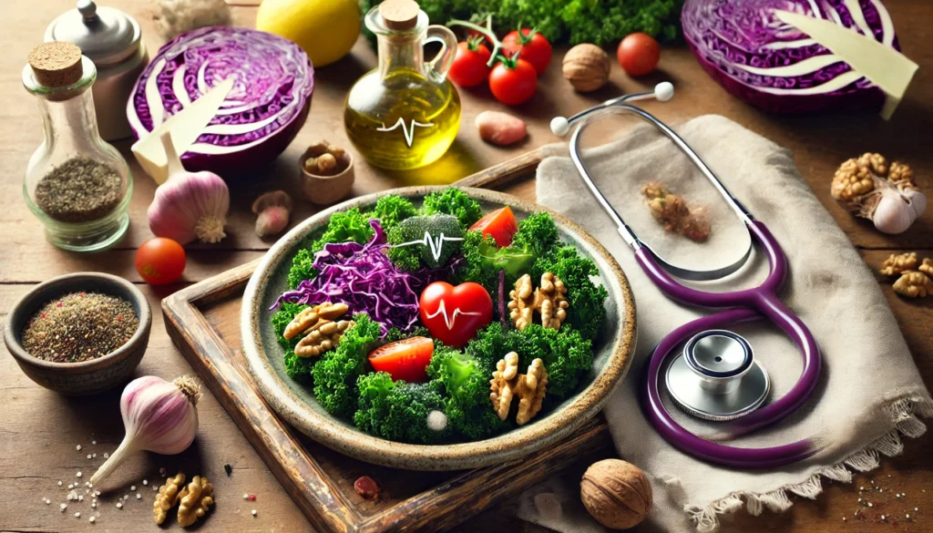 Heart-healthy kale and cabbage salad with cherry tomatoes, walnuts, and olive oil on a ceramic plate, beside a stethoscope on a wooden table, highlighting nutrition and cardiovascular wellness.