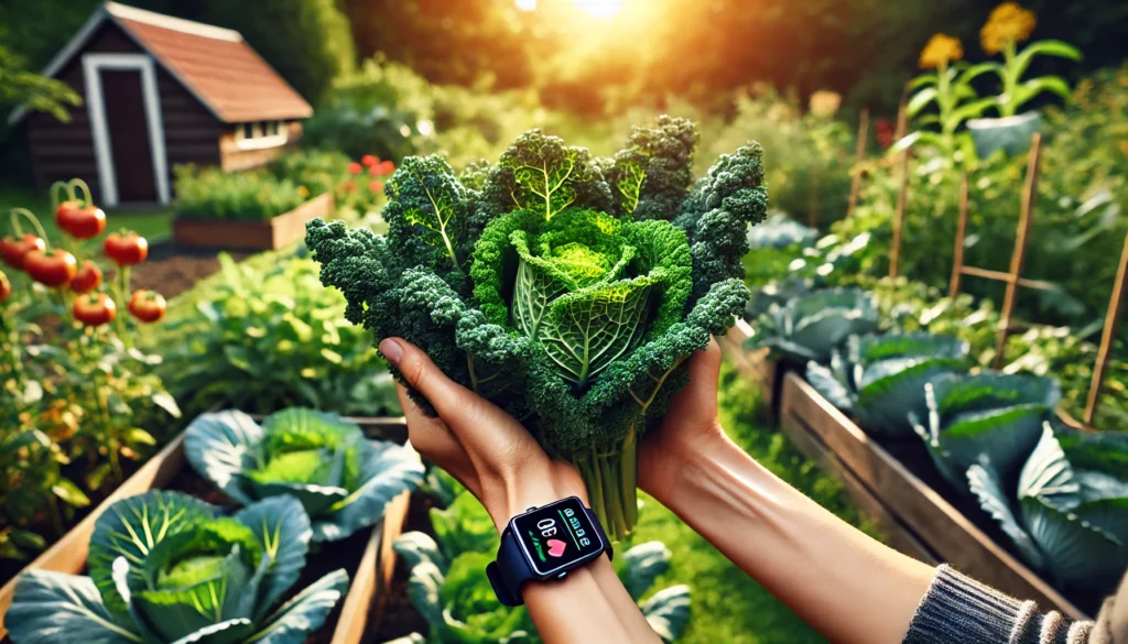 Hands holding freshly harvested kale and cabbage in a sunny garden setting, with a smartwatch showing a healthy heart rate, emphasizing natural lifestyle and heart benefits of leafy greens.