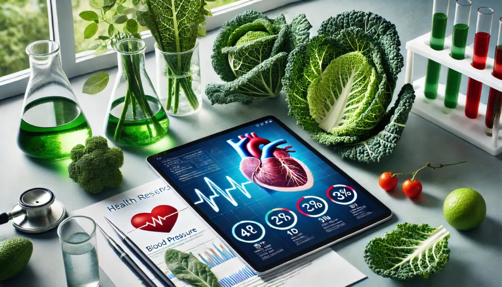 Kale and cabbage leaves arranged next to a digital tablet displaying heart and blood pressure data in a modern research lab setting, illustrating the scientific link between diet and cardiovascular health.