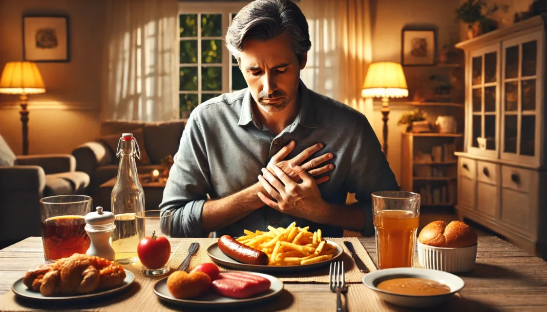 Middle-aged man experiencing chest discomfort after consuming a high-sodium meal, illustrating post-meal blood pressure spike.
