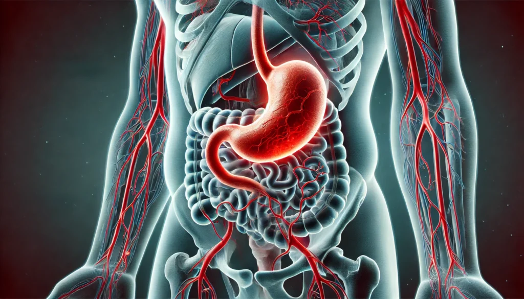 Medical-style diagram of the human circulatory system highlighting increased blood pressure near the stomach after eating.