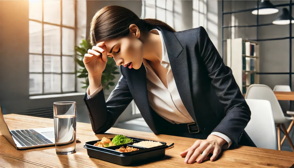 Businesswoman appearing lightheaded and weak at her office desk with an untouched lunch, representing low blood pressure from not eating.
