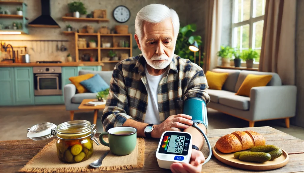 Concerned elderly man using a digital blood pressure monitor after eating, showing hypertension response in a home setting.