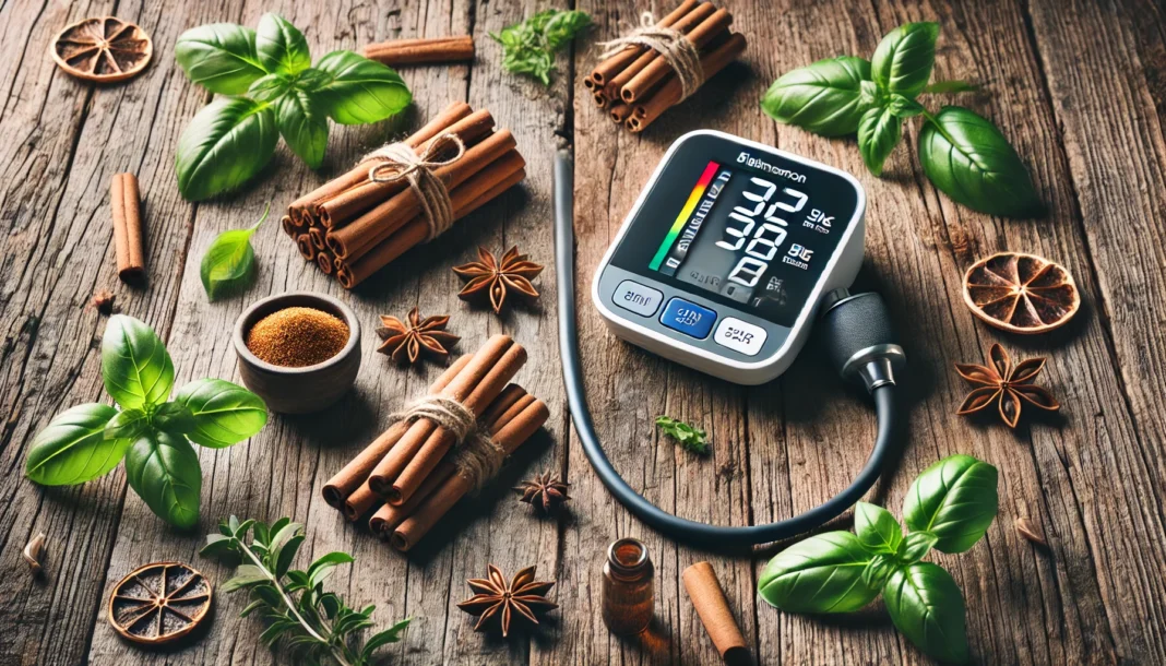 Cinnamon sticks and fresh herbs next to a digital blood pressure monitor on a rustic wooden table, symbolizing natural remedies for hypertension.