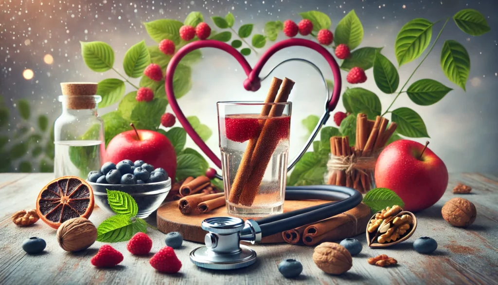 A glass of cinnamon-infused water surrounded by berries, greens, and walnuts, with a stethoscope in the background, highlighting natural support for heart health.