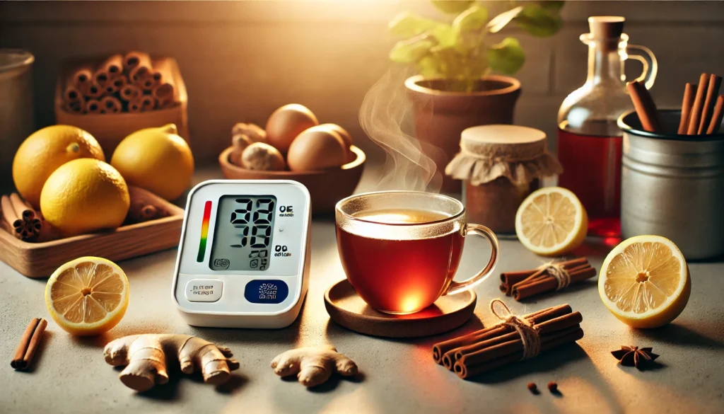 A steaming cup of cinnamon tea beside ginger, lemon, and a blood pressure monitor on a cozy kitchen counter, suggesting natural ways to manage high blood pressure.