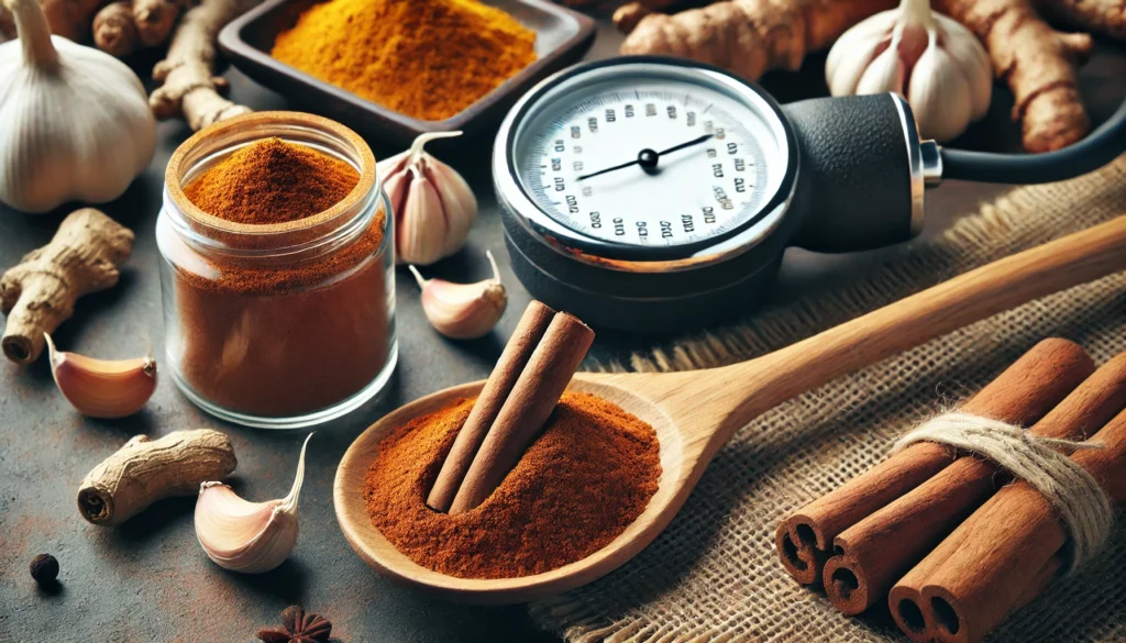 A wooden spoon with cinnamon powder and sticks beside a traditional blood pressure cuff, surrounded by garlic and turmeric, representing holistic approaches to blood pressure control.