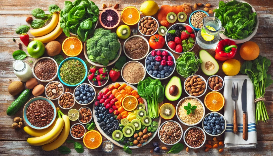 A colorful display of DASH diet-approved foods including fruits, vegetables, whole grains, nuts, and low-fat dairy arranged on a wooden kitchen table in natural lighting.