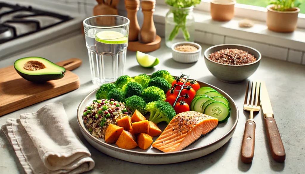 A heart-healthy DASH diet meal featuring grilled salmon, steamed broccoli, sweet potatoes, and quinoa salad, served with a glass of water on a modern kitchen counter.
